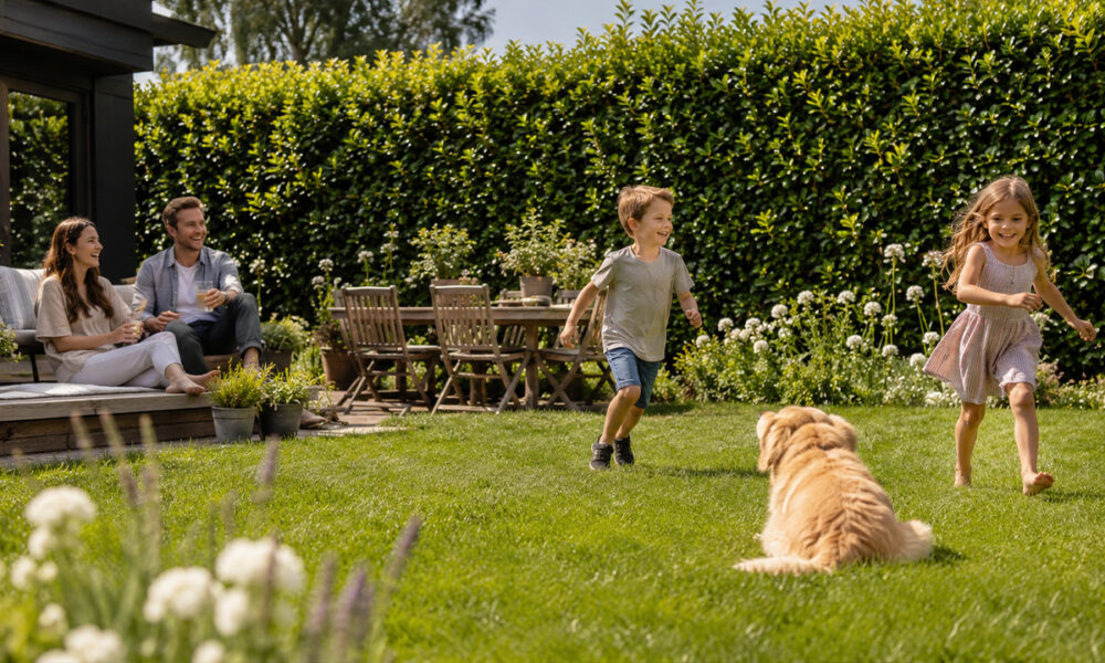 Gezin en hond genieten van hun privacy in een tuin, volledig omheind door een dichte, groene laurierhaag.