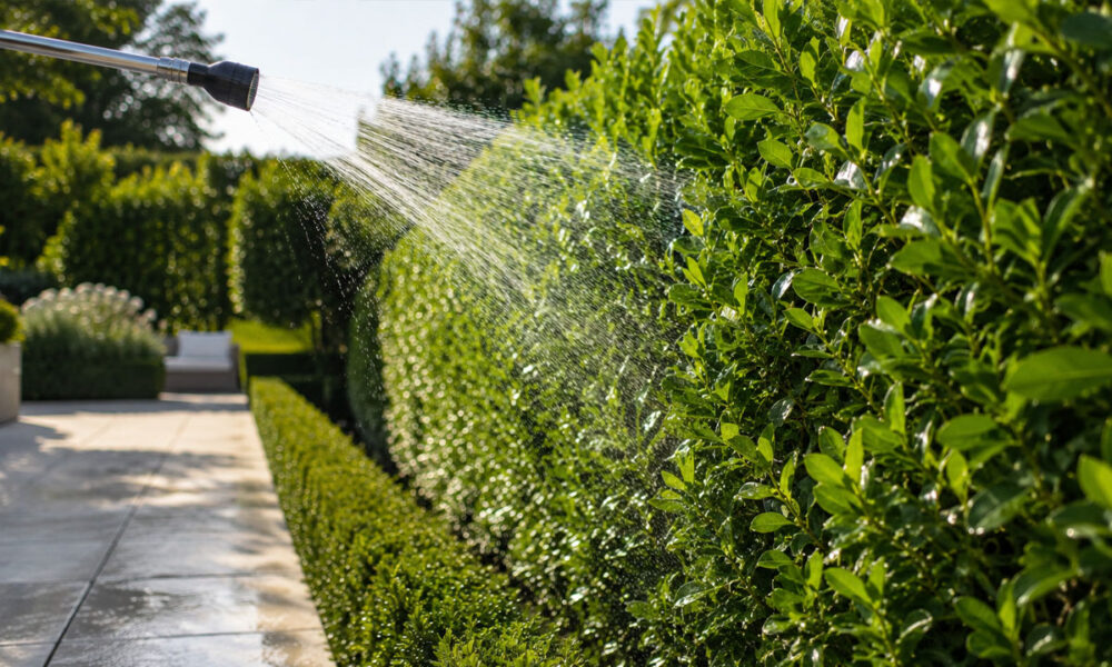 Close-up van een sproeikop die water sprayt op de groene bladeren van een dichte laurierhaag