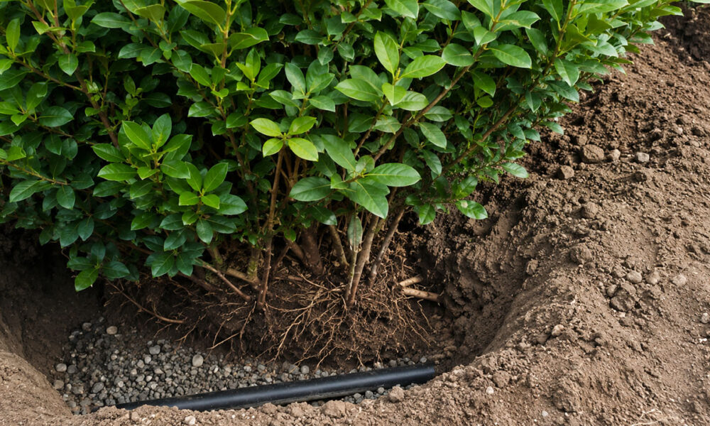 Zicht op een drainagesysteem met grind en afvoerbuis onder een pas geplante laurierhaag in de volle grond