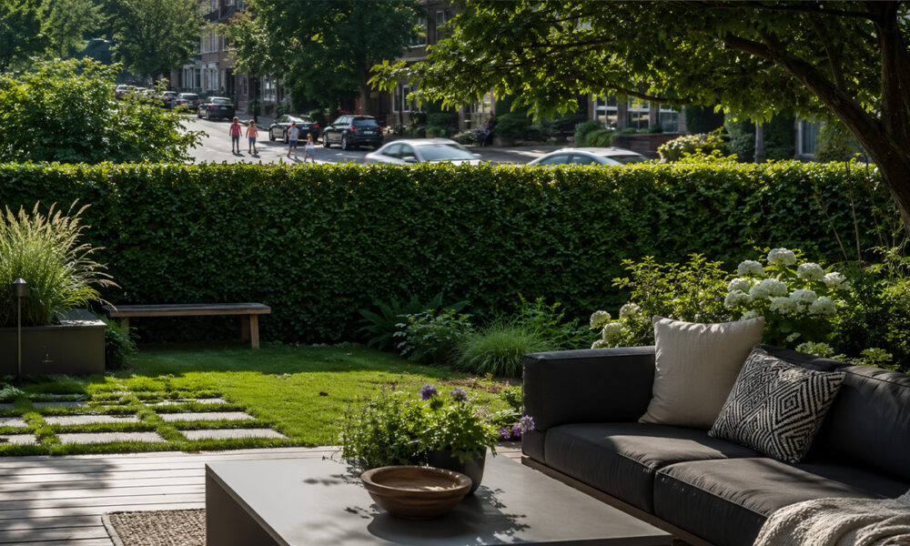 Dichte laurierhaag vormt een rustige tuinafscheiding van een drukke straat met veel verkeer.