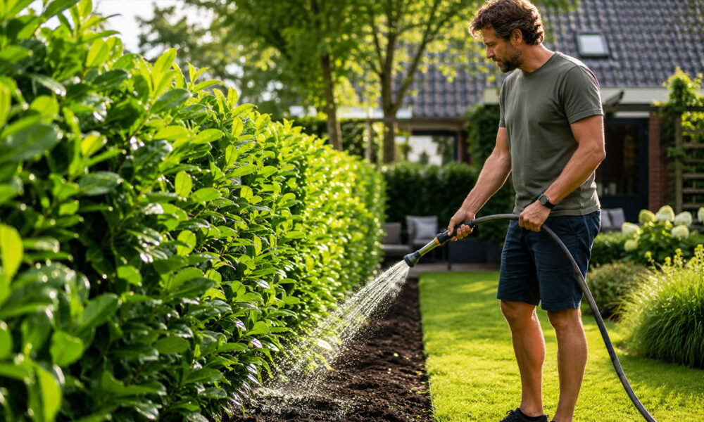 Een man bewatert een dichte, groene laurierhaag met een tuinslang in een zonnige achtertuin