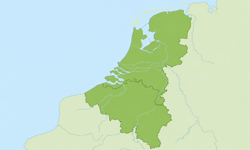 Een landkaart die aangeeft waar bezorging van laurieren in Nederland en België mogelijk is.